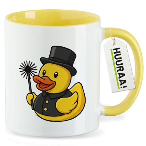 Huuraa Keramiktasse Quietscheente Schornsteinfeger Gummiente Kaminfeger Geschenk 330ml Gelb Quietscheente Schornsteinfeger Überraschung von Huuraa