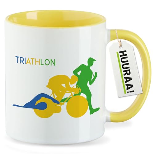 Huuraa Keramiktasse Triathlon Schwimmen, Radfahren und Laufen Geschenk 330ml Gelb Triathlon Überraschung von Huuraa
