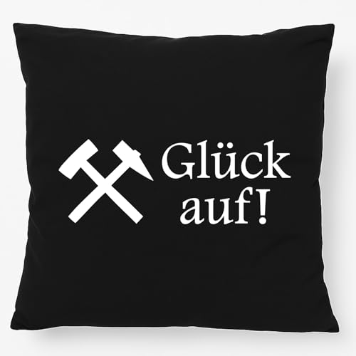 Huuraa Kissen Glück auf! Ruhrpott Deko Kopfkissen mit Füllung 40x40cm Black mit Bergbau Motiv Geschenk Idee für Freunde und Familie von Huuraa