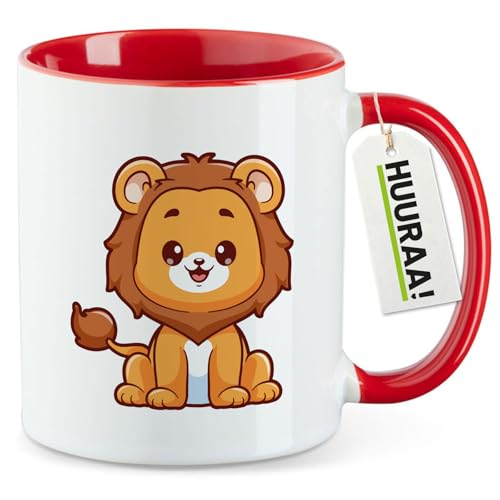 Huuraa Teetasse Löwe Comic Geschenk 330ml Rot Löwe Präsent von Huuraa