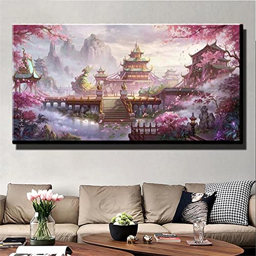 Diamant Painting Bilder, Japanische Tempellandschaft 40x80cm 5D Diamant Gemälde Set Groß Full Bohrer Stickerei DIY Diamond Malerei Strass Stickerei Kreuzstich Leinwand Kunsthandwerk Home Dekoration von Huusaap