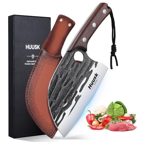 Huusk Verbessertes serbisches Kochmesser, japanisches Fleischbeißmesser zum Schneiden von Fleisch, geschmiedete Metzgermesser mit Scheide, voller Zapfen, Küchenschneidemesser für Zuhause, Kochen im von Huusk