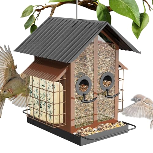 Interactive Bird Feeders for Outdoors, Squirrel Proof Metal and Acrylic, Double Roof Weather Resistant Small to Garden, The Compact Structure Fits Beautifully in Outdoor von Huvqianu