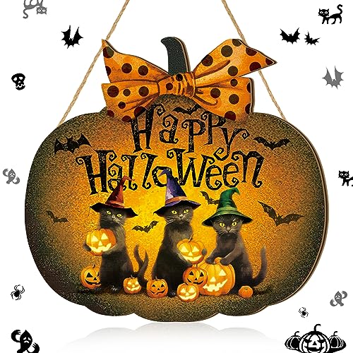 Huwena Halloween Schwarze Katze Hängeschild Haustür Willkommensschild Happy Halloween Holz Vintage Türschild Rustikaler Kürbis Türhänger Dekor für Herbst Dekorationen Veranda Herbst Ernte Garten von Huwena