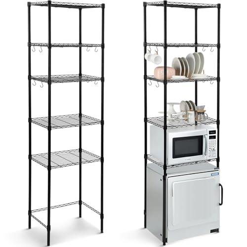 Huwena Mini-Kühlschrankregal mit 5 Ebenen, Mikrowellenständer, verstellbar, über dem Kühlschrank, Aufbewahrungsregal mit 8 Haken, mehrlagiges Metallregal, Organizer für Wohnheim, Wohnung, Küche, Büro von Huwena