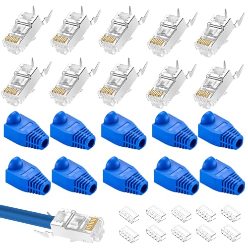 Huybaa 10 Stück Netzwerkstecker Cat7 Cat6A Pass Through RJ45 Stecker, 10Gbps/s 600MHz Lan Stecker, TV, ADSL, Modem, TV Box, Router, PC, Lan Stecker POE für Verlegekabel Geschirmt von Huybaa