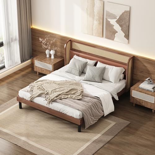 Modernes Doppelbett mit Rattan & Leder - Zeitlose Eleganz für Ihr Schlafzimmer von Huyuee