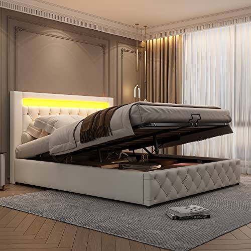 Polsterbett 140x200cm mit LED-Beleuchtung, Stauraum & Lattenrost - Gemütliches Bettgestell mit modernem Design für erholsamen Schlaf von Huyuee