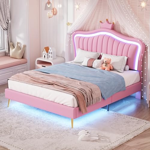 Prinzessin Kronenbett 140x200cm Kinderbett mit LED Beleuchtung - Polsterbett für Mädchen mit Rückenlehne, ohne Matratze von Huyuee