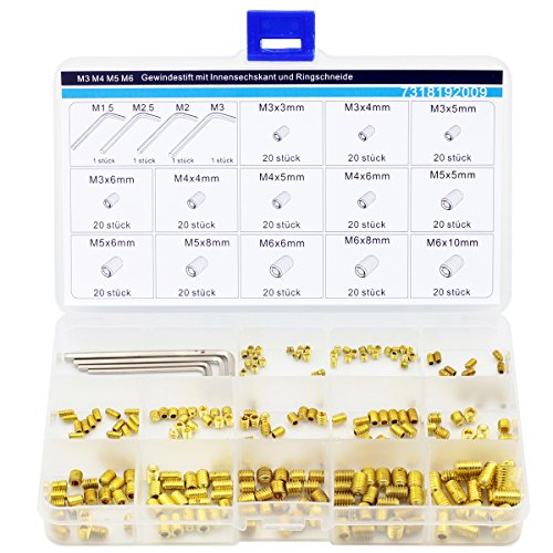 M3 M4 M5 M6 Gewindestift mit Innensechskant und Ringschneide,Messing,260 Stück,Gold von MINIBIRD