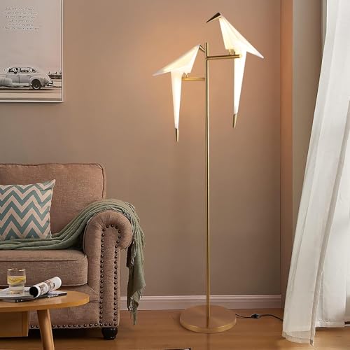 HvKvHvY Moderne Gold Papier Kran Swing Vogel Led Stehlampe Wohnzimmer,4000K Neutrales Licht Acryl Lampenschirm Metall Basis Led Stehlampe FüR Wohnzimmer Schlafzimmer BüRo Studie Lesen, 2 Kopf von HvKvHvY