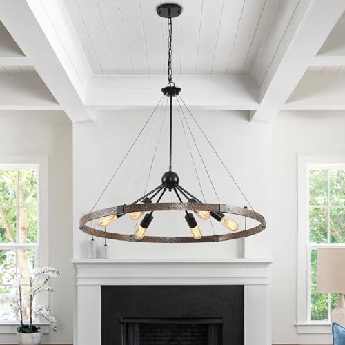 6-flammige Wagenrad-Kronleuchter-Deckenleuchte, Vintage-Industrieleuchten, schwarzer rustikaler Kronleuchter E27, höhenverstellbare Metallleuchten für Wohnzimmer, Küche, Bauernhaus Schlafzimmer, 80 cm von HvKvHvY