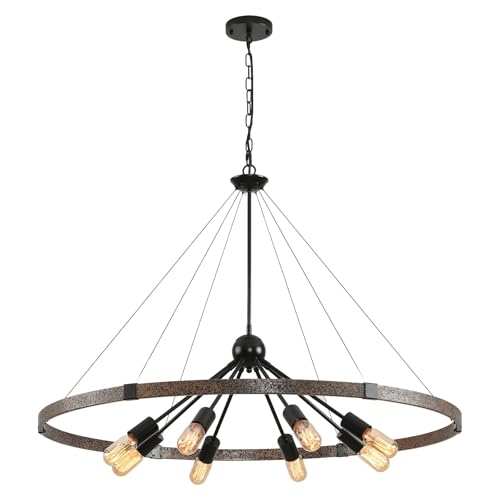 8-Flammige Industrie-Deckenleuchten, E27-Wagenrad-Kronleuchter, 60-W-Kronleuchter Im Schwarzen Rustikalen Stil, HöHenverstellbare Vintage-Leuchten Aus Metall FüR KüChe, Bauernhaus, Schlafzimmer,97cm von HvKvHvY