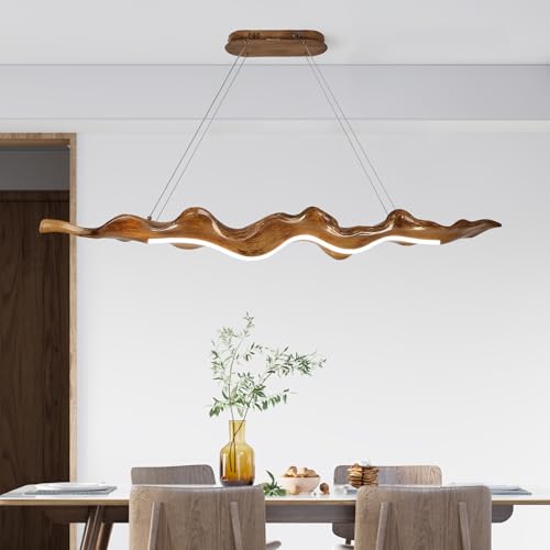 HvKvHvY Holz Korn Blatt Stil Küche Insel Deckenleuchten 3000K-6000K dimmbare Kronleuchter Deckenleuchte einstellbar mit Fernbedienung,52W LED Esstisch Leuchten für Küche Schlafzimmer Studie, 100Cm von HvKvHvY
