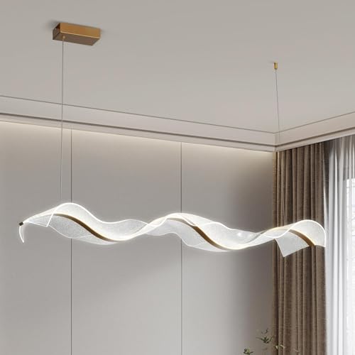 Moderne Pendelleuchte Esstisch Kronleuchter Gold Welle Deckenbeleuchtung Mit Fernbedienung Esstisch Lampe Wohnzimmer Pendelleuchte Einstellbar FüR KüCheninsel Hall HäNgeleuchte (L100Cm) von HvKvHvY