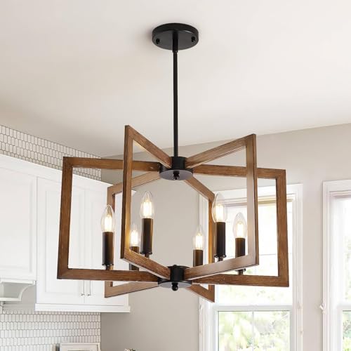 Vintage Deckenleuchte Schlafzimmer ,E14 Geometrische Bauernhaus Pendelleuchte 6 Licht Industrielle Metall Deckenleuchten Wohnzimmer FüR KüCheninsel Flur Esszimmer Eingang (Schwarz, Holz Textur) von HvKvHvY