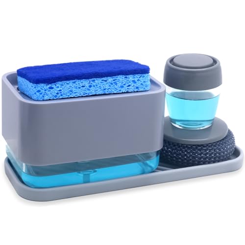 HvOvMvE 4 in 1 Dish Seifenspender für Küchenspüle mit Schwamm Halter-Seifenspender Geschirrbürste, Silikon Tablett, 2 Scrub Schwämme, 2 Bürstenköpfe von HvOvMvE
