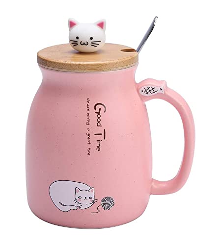 HwaGui Katzen-Tasse Milch Becher Teetasse Sets mit Löffel und Deckel Geschenk für Katzenliebhaber 420ml (Rosa) von HwaGui