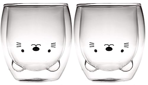 HwaGui Niedliche Tasse 2er Doppelwandige Glas-Kaffeetasse Personalisierte Milchtasse Teetasse für Geburtstagsgeschenk 250ml Katze von HwaGui