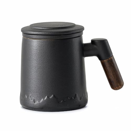 HwaGui Teetasse aus Keramik, Matte Keramik Teetassen mit Teesieb und Deckel, Große Holzgriff Teebecher für den täglichen und Bürogebrauch, 350ml Schwarz von HwaGui