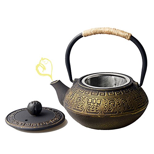Hwagui-Gusseisen Teekannen mit Filter Goldene Teekannen mit Edelstahl Sieb Herd Wasserkocher 0,6l / 600ml [MEHRWEG] von HwaGui