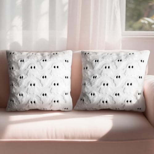 2er Set Halloween Kissenbezüge 45x45cm, Weiß Flauschig Geist Deko Kissenhülle, Halloween Deko Innen Bettwäsche, Herbst Deko Aesthetic Sofakissen, Autumn Decor für Wohnzimmer Schlafzimmer 2er Set Halloween Kissenbezüge 45x45cm, Weiß Flauschig Geist Deko Kissenhülle, Halloween Deko Innen Bettwäsche, Herbst Deko Aesthetic Sofakissen, Autumn Decor für Wohnzimmer Schlafzimmer von HweeWanX