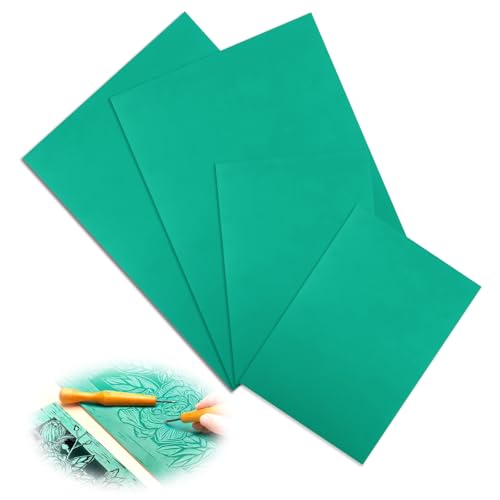 4 Stück Weichgummi Linoldruck Platte zum Gravieren, 2*A5 und 2*A6 Stempelgummi, Grün Gummi Linolschnitt Platten, Zubehör für Linoldruck Set, Verwendung für Stempel Selber Machen,Druckprojekte von HweeWanX