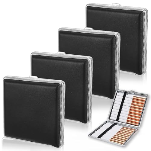 4 Stück Zigarettenetui Leder Metall, Schwarz Zigarettenetui 20 Zigaretten, Pu Leder Metall mit Schnappverschluss, Zigarettenschachtel für Hosen Und Hemdtaschen von HweeWanX