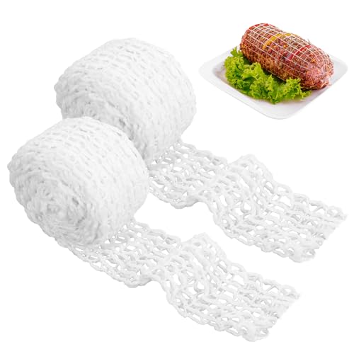 HweeWanX 2 Stück Rollbratennetz Weiß, 2m Schinkennetz zum Räuchern, Baumwollfaden 18 Löcher Fleischnetz zum Kochen, Räuchernetz Bratennetz zum Aufbewahren und Aufhängen von Schinken oder Würstchen von HweeWanX
