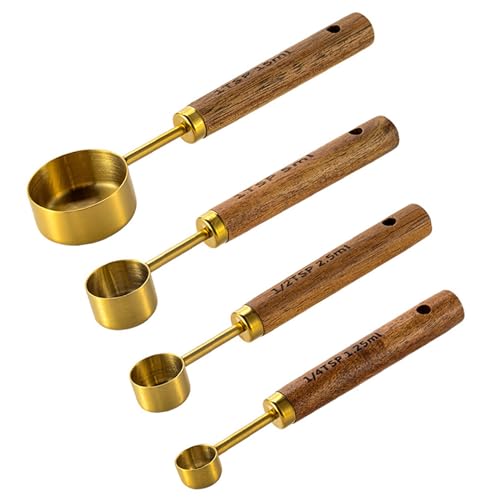 Hwtcjx Messlöffel Set, Edelstahl Teelöffel, 4 Stück Cup Messbecher mit Holzgriff, Löffel Set mit Skala, Gewürzlöffel Esslöffel Dosierlöffel für Klein Gewürzgläser Flüssigkeit Backmessen (Gold) von Hwtcjx