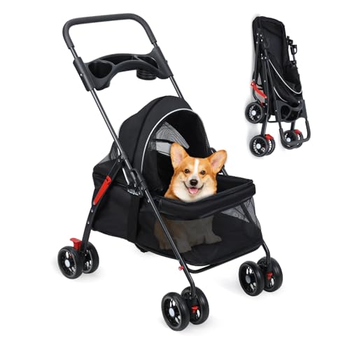 Hundebuggy Hundewagen Hundebox Transporttasche, Faltbar klappbar Katzenwagen Bis 10kg 4 Räder 360° luftdurchlässig | Transportbox mit Getränkehalter & Ablagekorb Für kleine Hunde Katzen (Schwarz) von Hxtutglrp