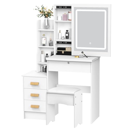 Hxtutglrp Schminktisch mit LED-Spiegel & 4 Schubladen - Kompakter Kosmetiktisch mit Schiebefunktion, Verstecktem Stauraum, Beleuchtetem Spiegel für Schlafzimmer (Weiß, 80x36.5cm) von Hxtutglrp