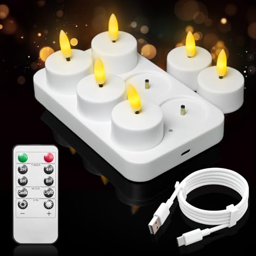 6er Aufladbare Teelichter mit Timerfunktion und Ladestation, LED Wiederaufladbar Kerzen Flackernd mit Fernbedienung Timer für Zimmer Valentinstag Halloween Weihnachten Tisch Party Deko von HyDlan