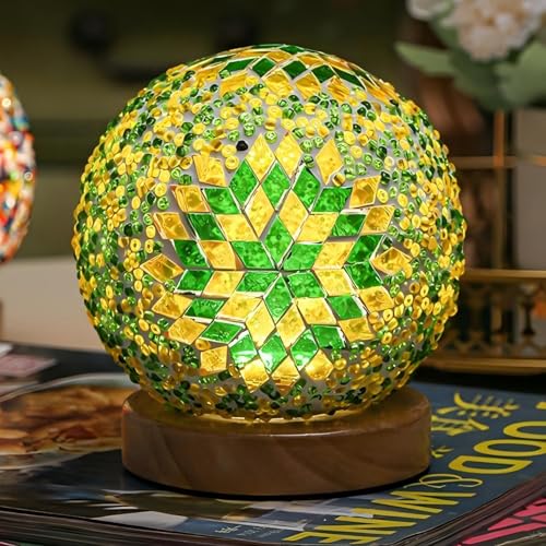 HyDlan Nachttischlampe Glas-Patchwork-Tischlampe, Boho-Stil (15.5 x 12.5cm), USB Stromanschluss Vintage Deko Schreibtischlampe, für modern Deko Schlafzimmer Nachtlampe, Wohnzimmer (Boho-Grüner) von HyDlan