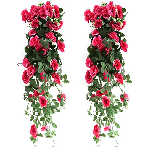 Hyakoz 2 Stück 90CM HäNgeblumen KüNstlich KüNstliche Pflanzen HäNgend Kunstpflanze Hängend Künstliche Hängepflanzen wie echt für Hochzeit Zuhause Garten Wände-Rosarot von Hyakoz