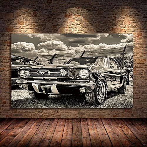 5D DIY Diamant Painting Bilder Groß, Schwarz weißes Retro Mustang Auto 30x40cm Diamond Painting Set,Diamant Gemälde,Full Strass Stickerei Kreuzstich Kunst Basteln Haus Wand Und Eingang Dekorationen von Hyanun