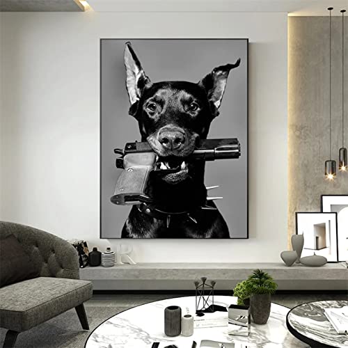 Hyanun 5D Diamant Painting Full Drill Set Dobermann Hund Pistole Schwarz Weiß 30x40cm DIY Diamond Bilder, Kreuzstich Gemälde Kits, Mosaik Malerei Kunst Basteln Wand Decoration von Hyanun