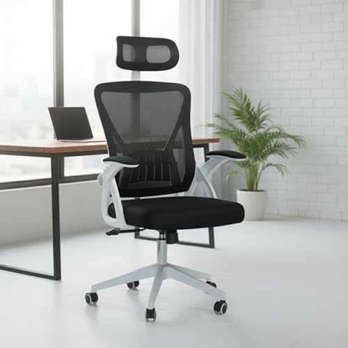 HYATTO OFFICE - Ergonomischer Bürostuhl Schwarz/Weiß - Hohe Rückenlehne Mesh-Design mit Lendenwirbelstütze, Höhenverstellung, verstellbare Kopfstütze, Neigungsfunktion, Chef-Manager-Schreibtischstuhl von Hyatto Home
