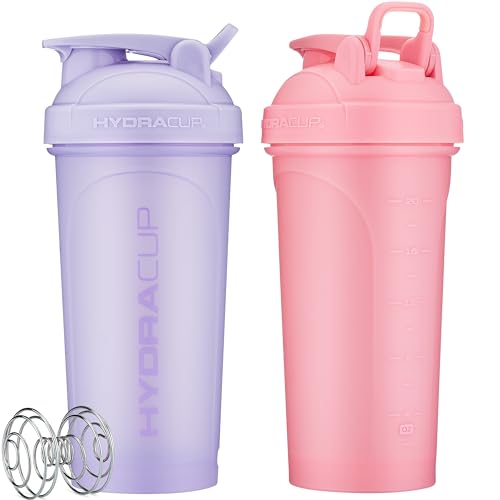 Hydra Cup Pro [2er-Pack] mit verstecktem Tragehaken, robuste Protein-Shaker-Flasche, Edelstahl, Barbell-Mixer und Eisblocker zum Mischen von Pulvern, Rosa, Lila, 800 ml von Hydra Cup