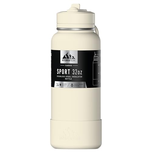 Hydrapeak Isolierte Sport-Trinkflasche mit Strohhalm oder Becherdeckel, auslaufsicher, hält Getränke 24 Stunden kalt, 12 Stunden heiß, Premium-Edelstahl-Wasserflaschen (907 ml, Elfenbein) von Hydrapeak