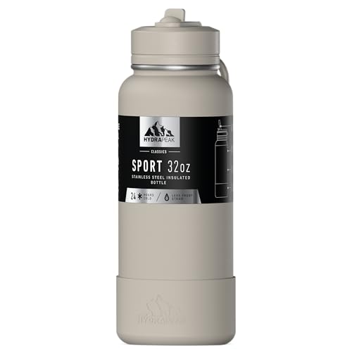 Hydrapeak Isolierte Sport-Trinkflasche mit Strohhalm oder Becherdeckel, auslaufsicher, hält Getränke 24 Stunden kalt, 12 Stunden heiß, Premium-Edelstahl-Wasserflaschen (907 ml, Stein) von Hydrapeak