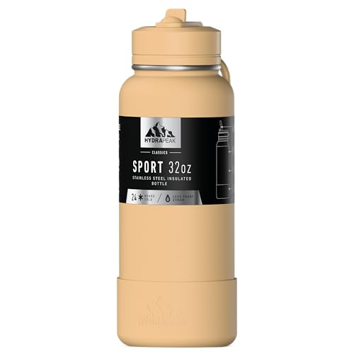 Hydrapeak Isolierte Sport-Trinkflasche mit Strohhalm oder Becherdeckel, auslaufsicher, hält Getränke 24 Stunden kalt, 12 Stunden heiß, Premium-Edelstahl-Wasserflaschen (907 ml, cremefarben) von Hydrapeak