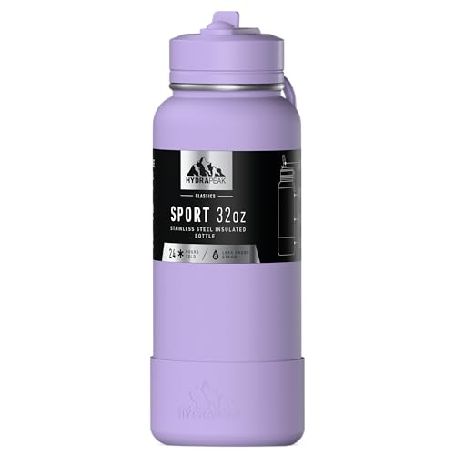 Hydrapeak Isolierte Sport-Wasserflasche mit Strohhalm oder Trinkdeckel, auslaufsicher, hält Getränke 24 Stunden kalt, 12 Stunden heiß, Premium-Edelstahl-Wasserflaschen (907 ml, Dlavender) von Hydrapeak