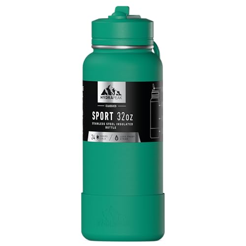 Hydrapeak Isolierte Sport-Wasserflasche mit Strohhalm oder Trinkdeckel, auslaufsicher, hält Getränke 24 Stunden kalt, 12 Stunden heiß, Premium-Edelstahl-Wasserflaschen (907 ml, Kelly Green) von Hydrapeak