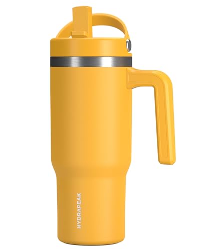 Hydrapeak Kids Voyager Becher mit Griff und aufklappbarem Strohhalm-Deckel, auslaufsicher und auslaufsicher, wiederverwendbare Edelstahlflasche, Geschenk für Kinder, Jungen, Mädchen, Mango von Hydrapeak