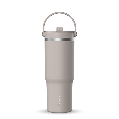 Hydrapeak Nomad Trinkbecher mit Griff und Trinkhalm-Deckel, auslaufsicher, doppelt isoliert, 950 ml, Edelstahl, Hellgrau (Mocha) von Hydrapeak