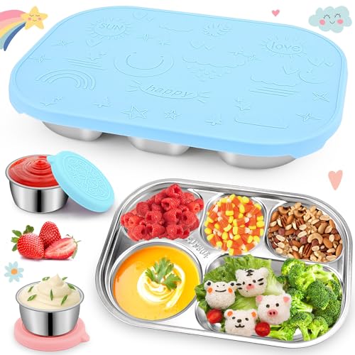 Hydream Bento-Lunchbox Brotdose, Edelstahl Bento Boxen mit 5 Fächern Lunch Box mit Silikon Deckel, Wiederverwendbare Brotbox Snackbox mit 2x50ml Salatdressing Dip Behälter, Auslaufsichere (Blau) von Hydream