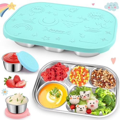 Hydream Bento-Lunchbox Brotdose, Edelstahl Bento Boxen mit 5 Fächern Lunch Box mit Silikon Deckel, Wiederverwendbare Brotbox Snackbox mit 2x50ml Salatdressing Dip Behälter,Auslaufsichere (Türkis) von Hydream