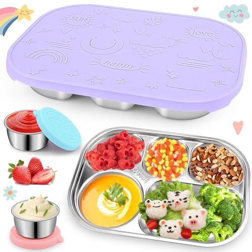 Hydream Bento-Lunchbox Brotdose, Edelstahl Bento Boxen mit 5 Fächern Lunch Box mit Silikon Deckel, Wiederverwendbare Brotbox Snackbox mit 2x50ml Salatdressing Dip Behälter,Auslaufsichere (Violett) von Hydream