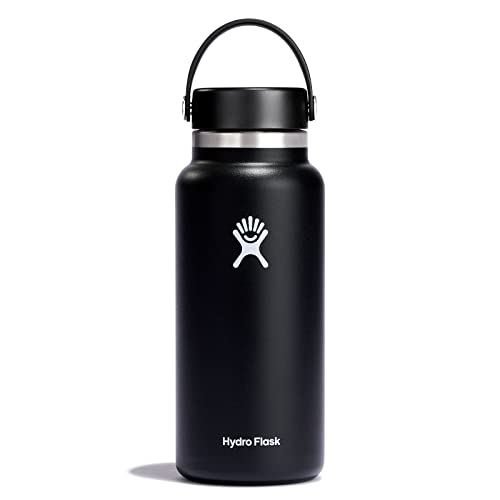 HYDRO FLASK - Trinkflasche 946ml (32oz) - Isolierte Wasserflasche aus Edelstahl - Sportflasche mit auslaufsicherem Flex Cap-Deckel & Gurt - Thermoflasche Spülmaschinenfest - Größe Öffnung - Black von Hydro Flask